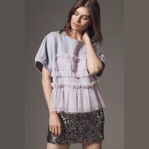 NEW Maeve Sizes S, M Short-Sleeve Smocked Ruffled Sweatshirt - Bright Lavender
